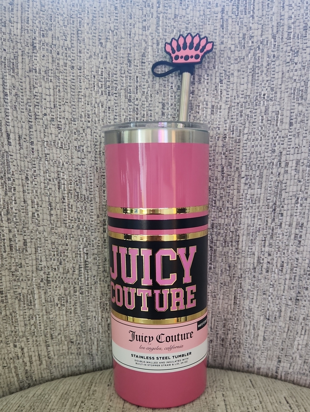 Juicy Couture Pink and Black Stainless Steel Tumbler with Gold Accents 24 Oz